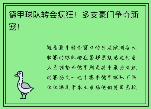 德甲球队转会疯狂！多支豪门争夺新宠！