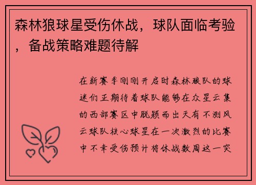 森林狼球星受伤休战，球队面临考验，备战策略难题待解