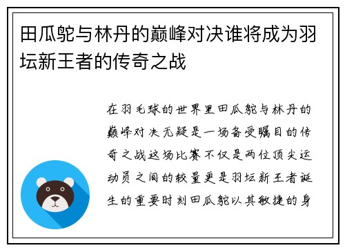 田瓜鸵与林丹的巅峰对决谁将成为羽坛新王者的传奇之战