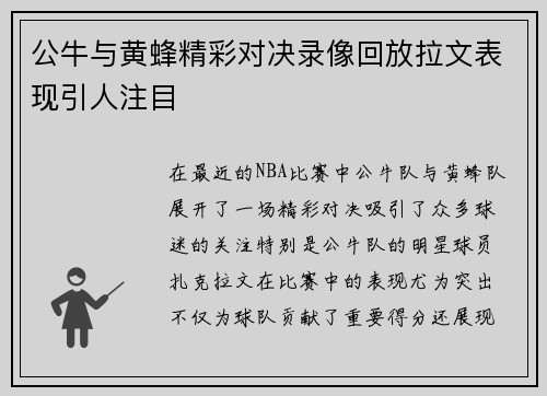 公牛与黄蜂精彩对决录像回放拉文表现引人注目