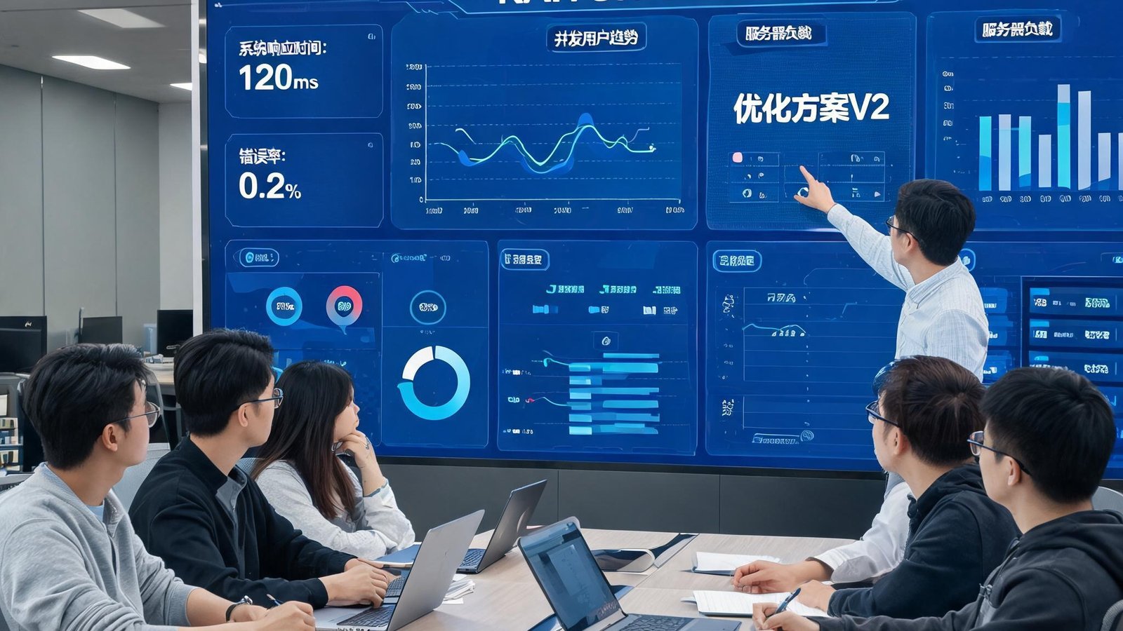 开云体育技术团队成员围坐在数据大屏前讨论系统优化方案