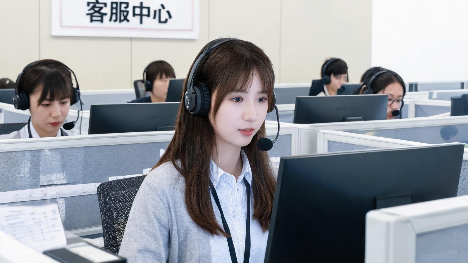 开云体育客服中心内，客服人员佩戴耳机正在接听用户来电
