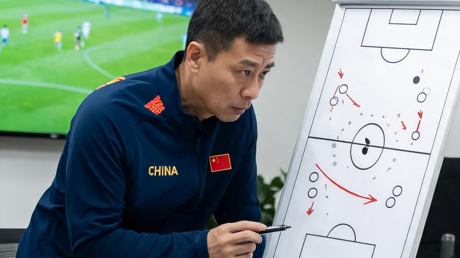 前国家队教练刘指导在战术板前分析比赛录像，表情专注